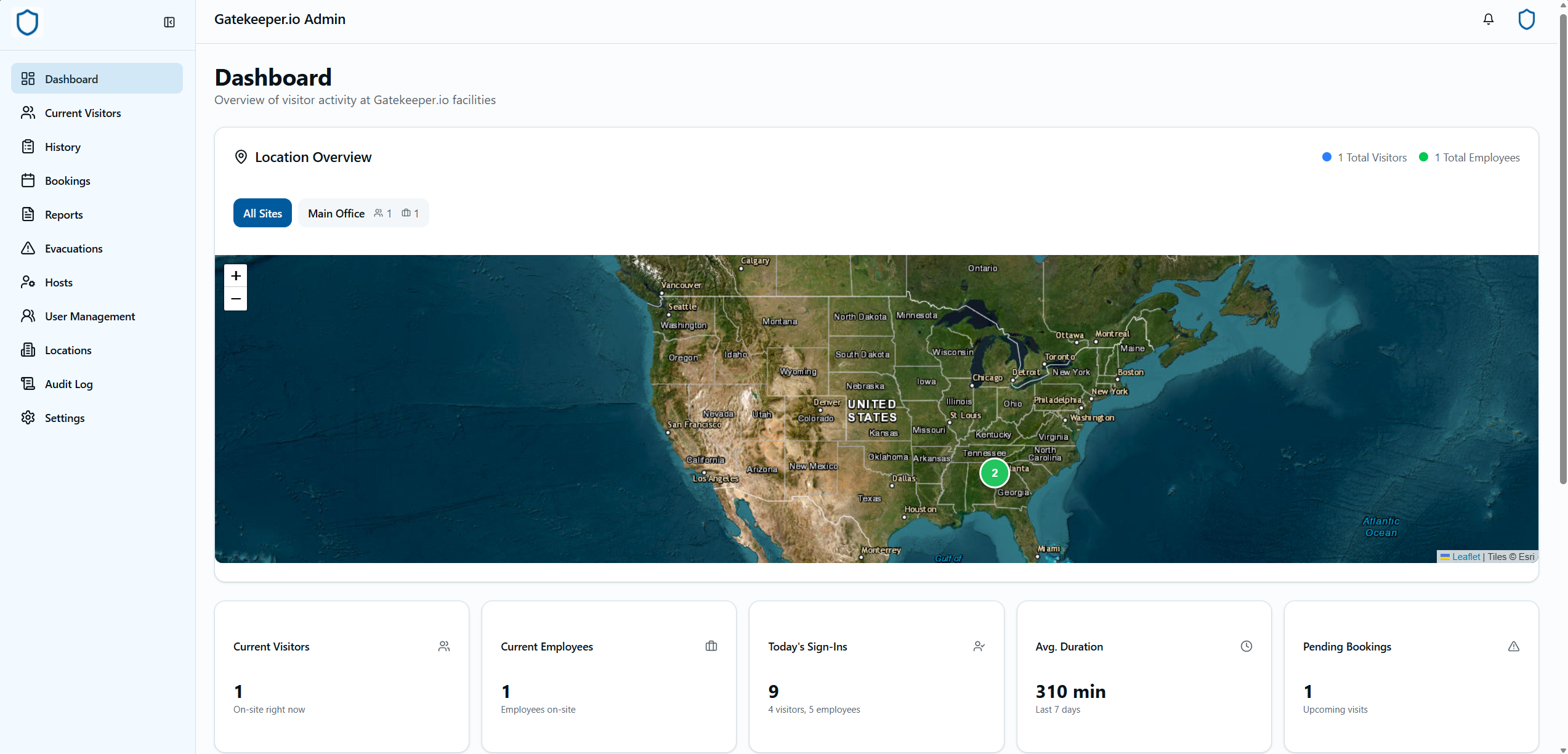 Gatekeeper.io Admin Dashboard - Comprehensive overview with location map and visitor metrics