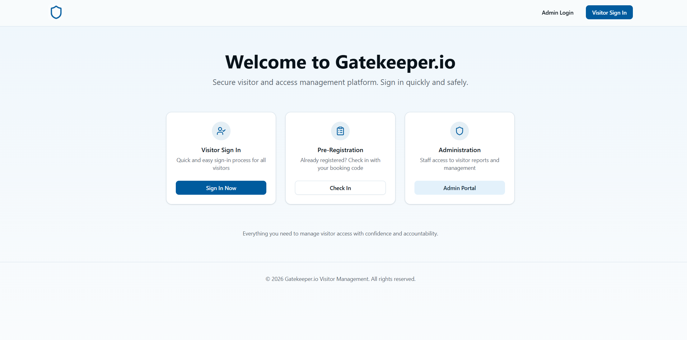 Gatekeeper.io Welcome Page - Main entry point with visitor sign-in, pre-registration, and admin access
