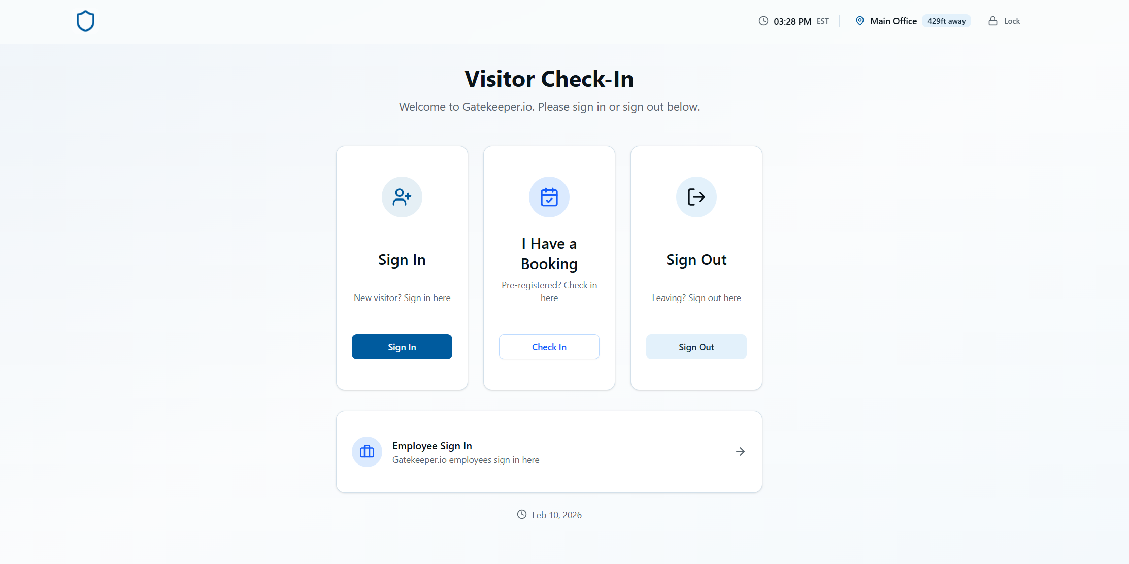 Gatekeeper.io Visitor Check-In - Easy sign-in interface for visitors with booking and sign-out options